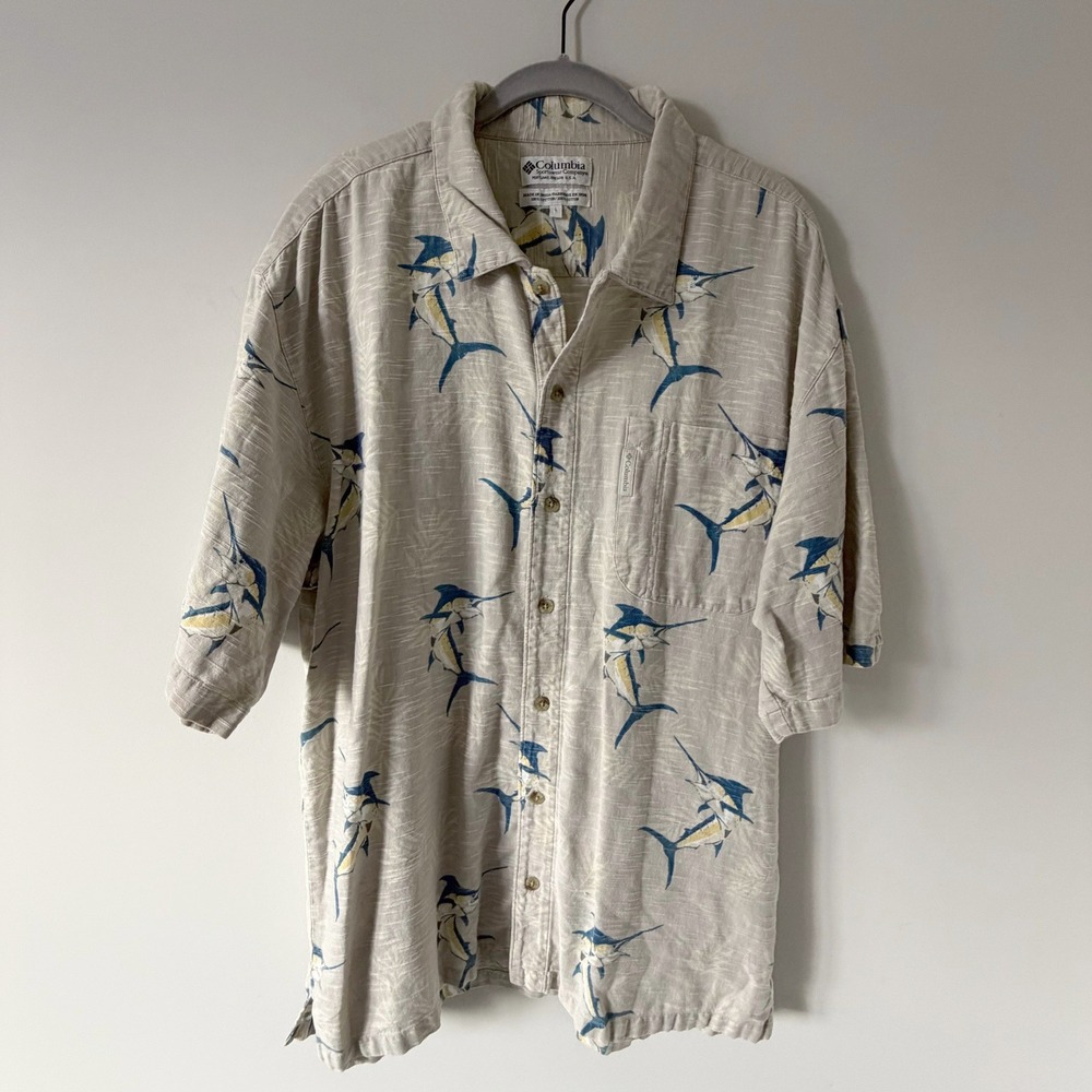 Columbia Mens Marlin Fish Print Button Up Shirt Tan Blue Cotton Short Sleeve L